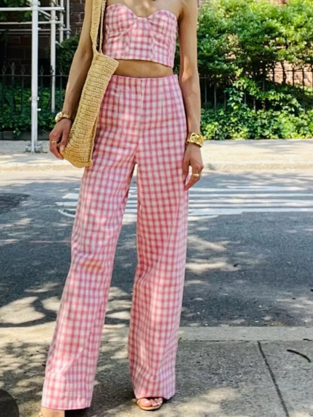 Zara Pink Gingham High-Waist Wide-Leg crop Pants